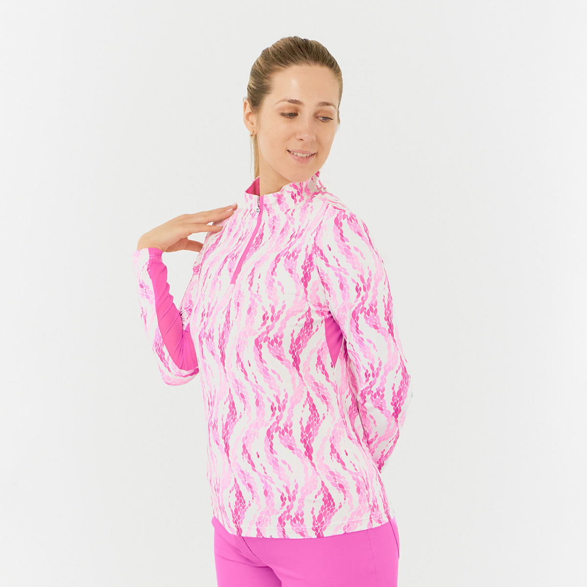 Pure Ladies Long Sleeve Golf Top in Petal Print with Mesh Panels