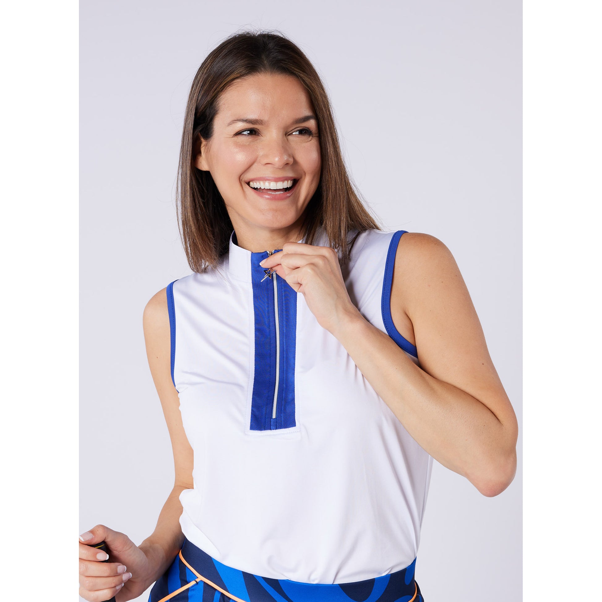 Swing Out Sister Ladies Zip-Neck Sleeveless Polo with Contrast Trim