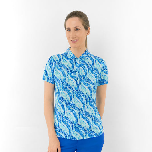Pure Ladies Short Sleeve Buttoned Polo in Flowing Wave Print for Playful Style & All-Day Comfort
