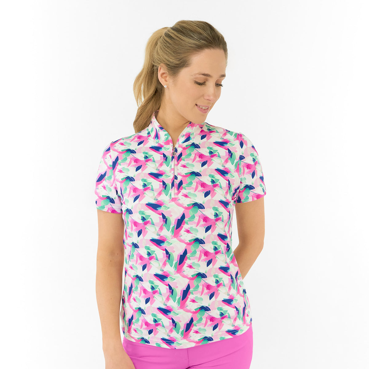 Pure Ladies Short Sleeve Polo in Abstract Tropical Nature Print
