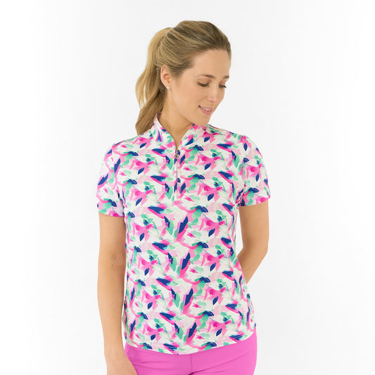 Pure Ladies Short Sleeve Polo in Abstract Tropical Nature Print