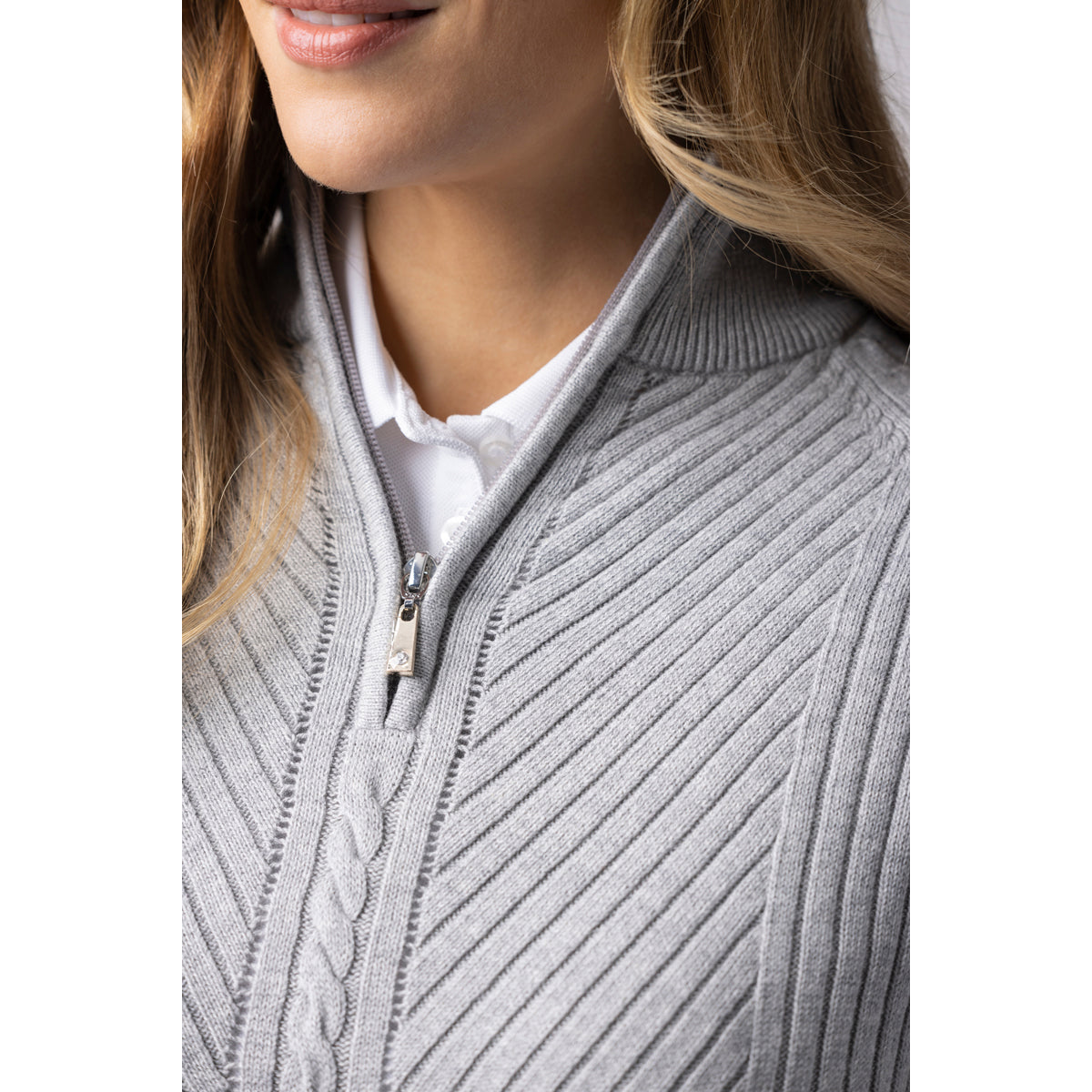 Glenmuir Ladies Rib & Cable Design Zip-Neck Sweater with Cashmere in Light Grey Marl