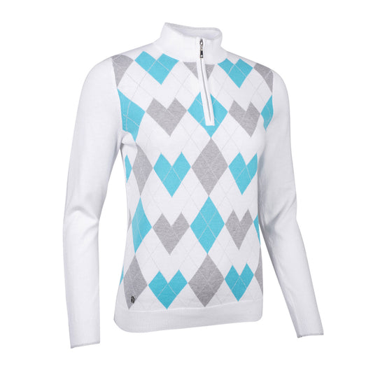Glenmuir Ladies Argyle Zip-Neck Sweater in White & Aqua