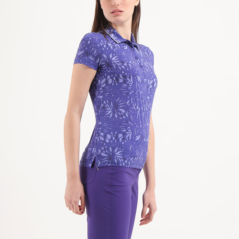 Chervo Ladies Short Sleeve Polo in Navy & Ink Blue Print - Size 8 Only Left