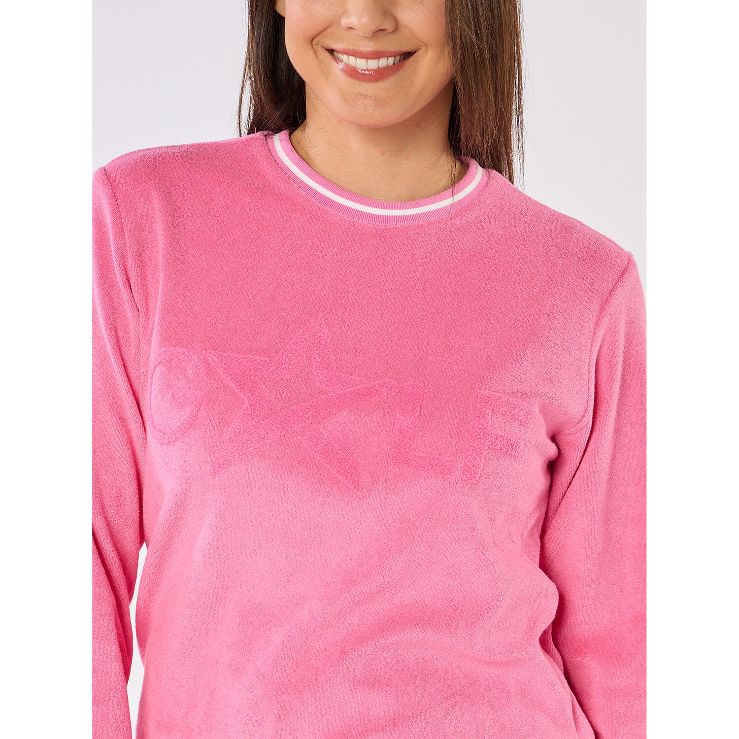 Swing Out Sister Ladies Fun Towelling Logo Sweater For Effortless Everyday Style