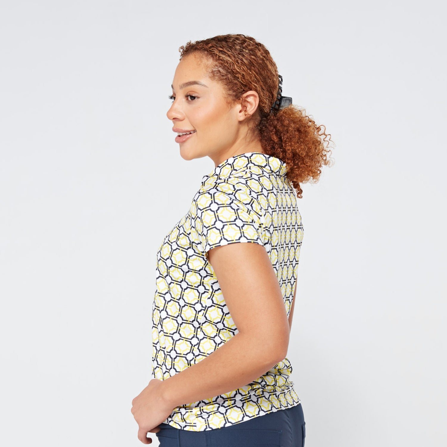 Swing Out Sister Ladies Cap Sleeve Polo in Sunshine and Navy Mosaic Pattern	