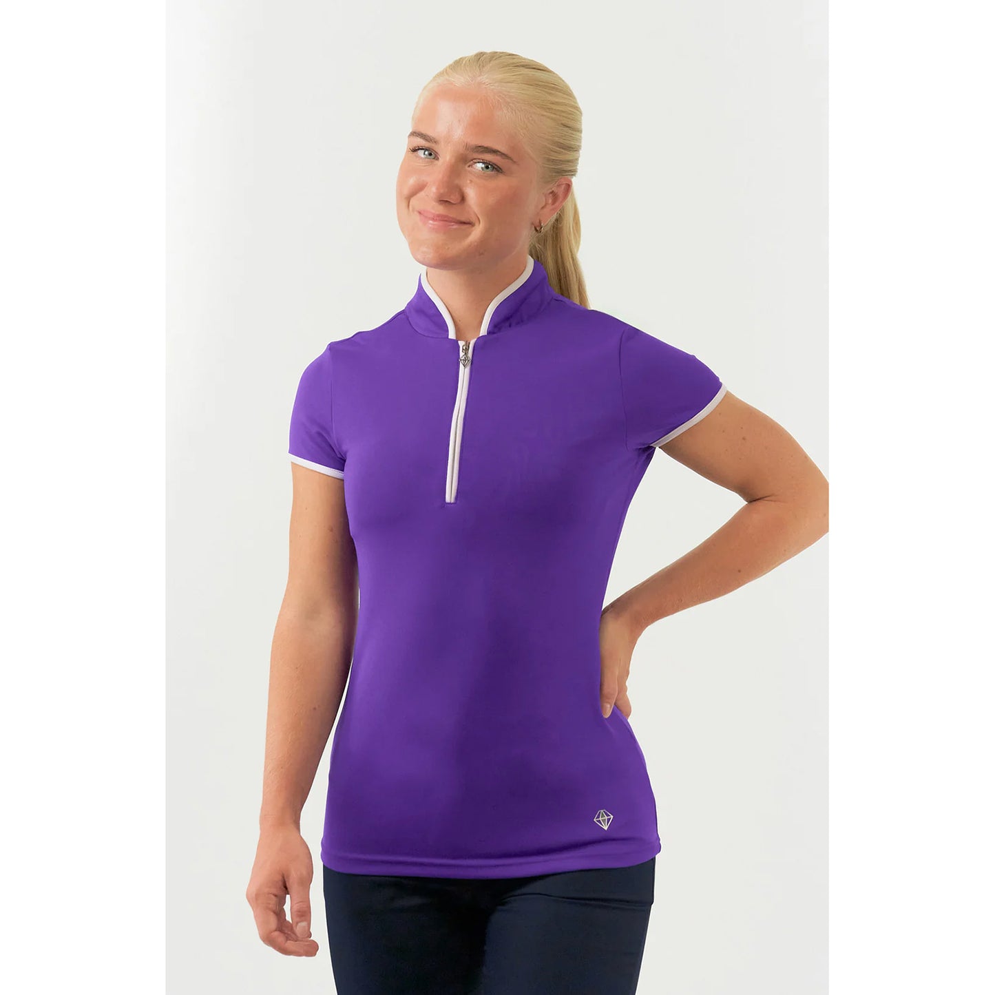 Pure Golf Ladies Cap Sleeve Mandarin Polo Shirt in Purple