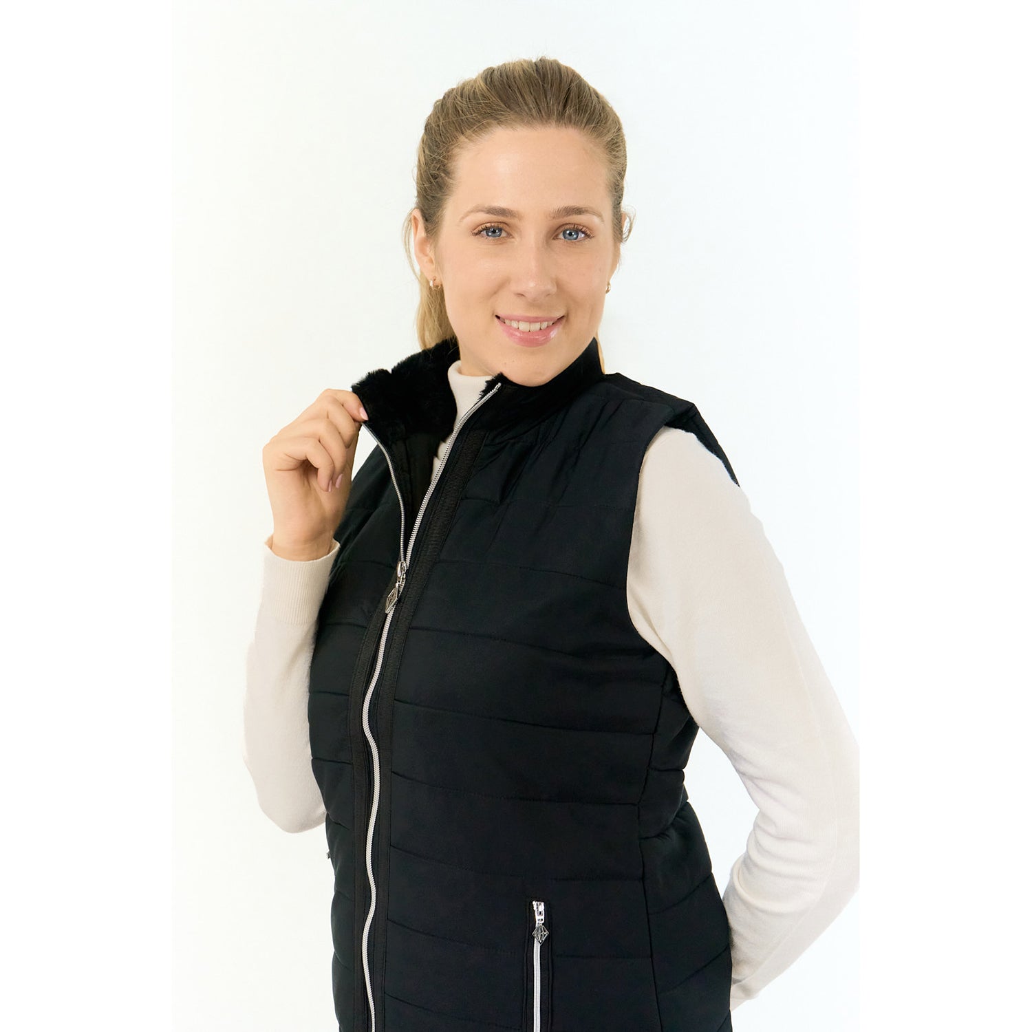 Pure Golf Ladies Gilet in Black with Faux Fur Collar