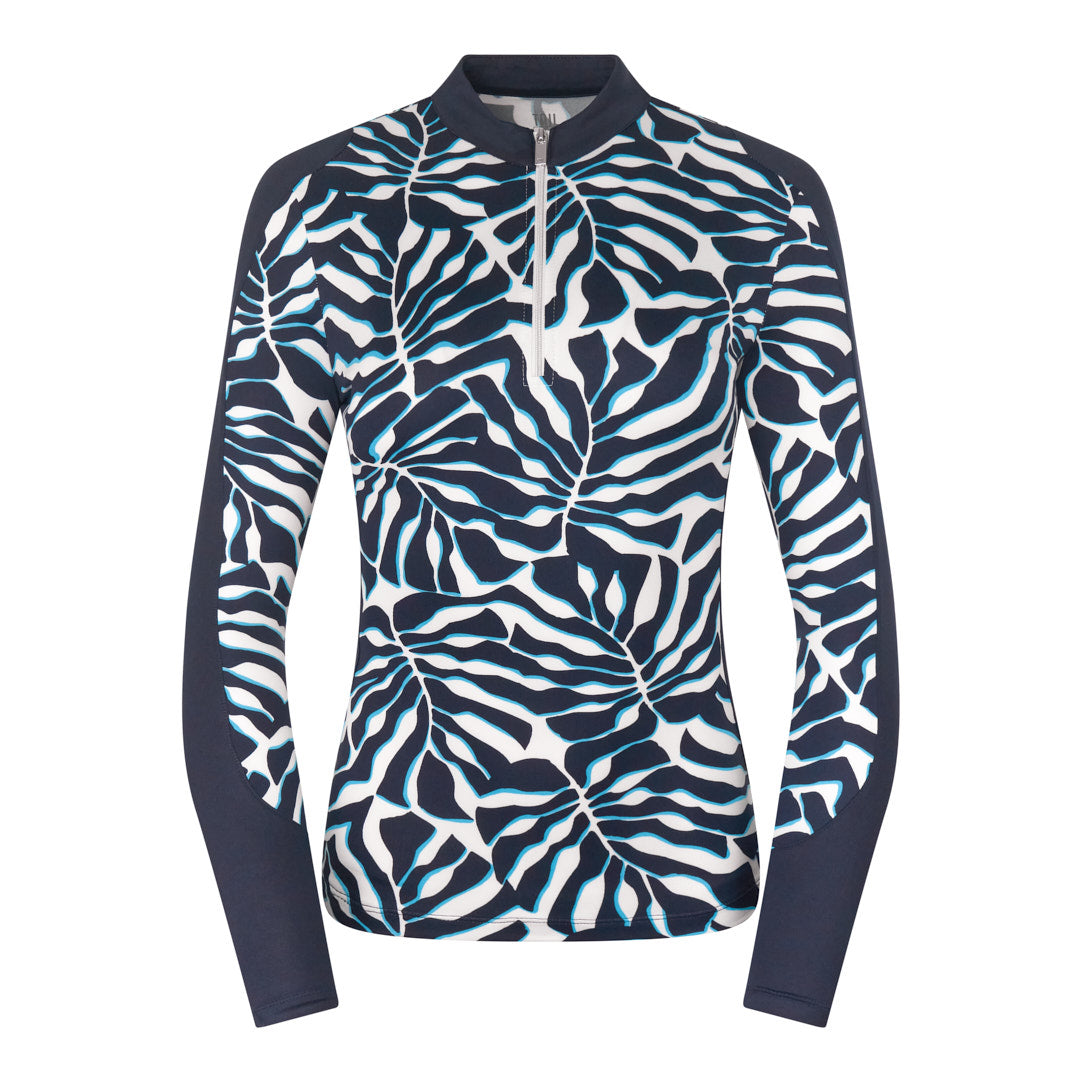 Tail Ladies Long Sleeve Top in Blue and White Palm Leaf Print
