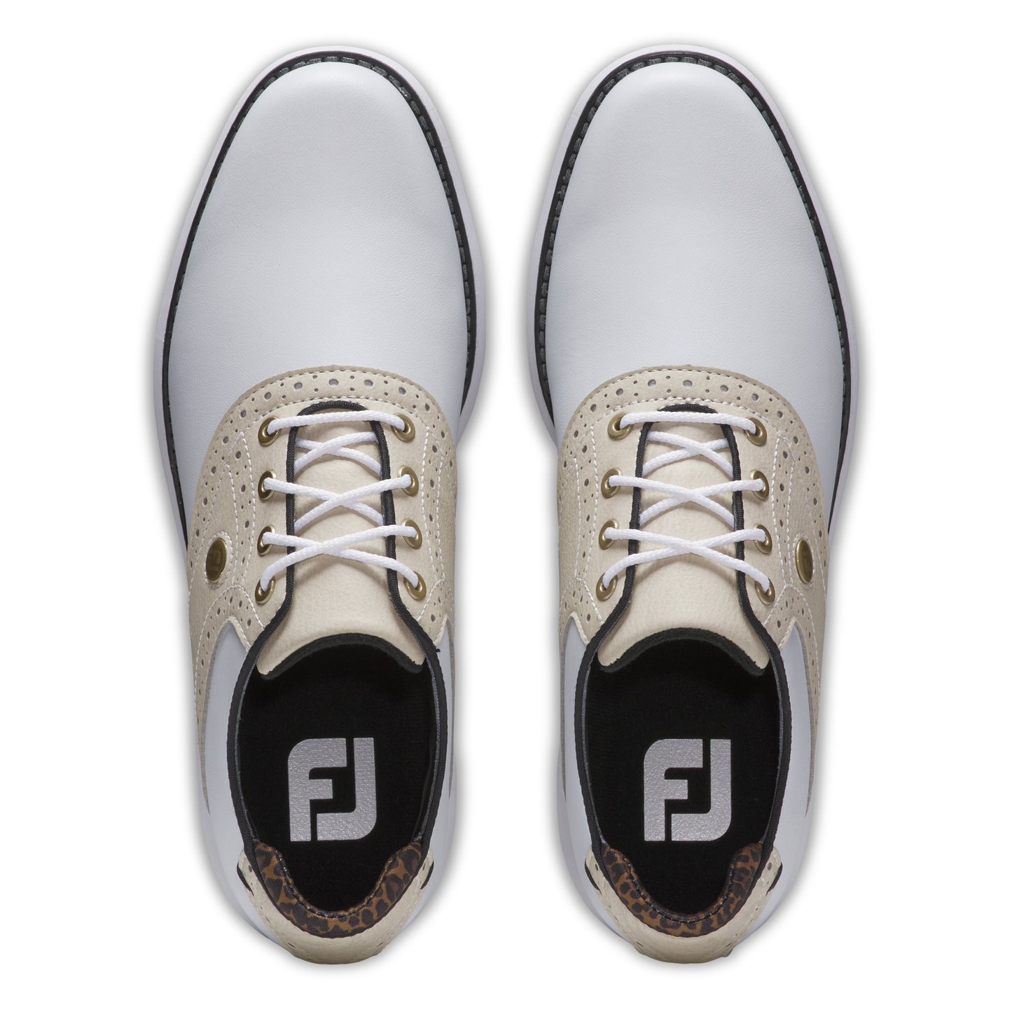 FootJoy Ladies Traditions Wide Fit Waterproof Golf Shoe in White & Tan with SoftSpikes