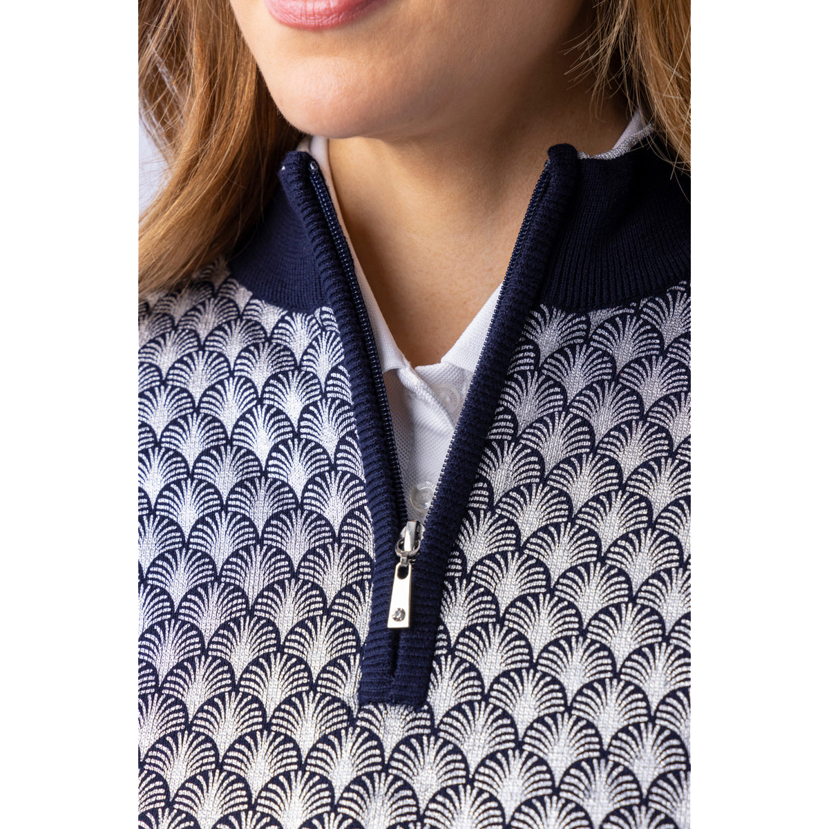 Glenmuir Ladies Etta Long Sleeve 1/4 Zip Sweater in Navy Blue with Silver Foil Fan Print