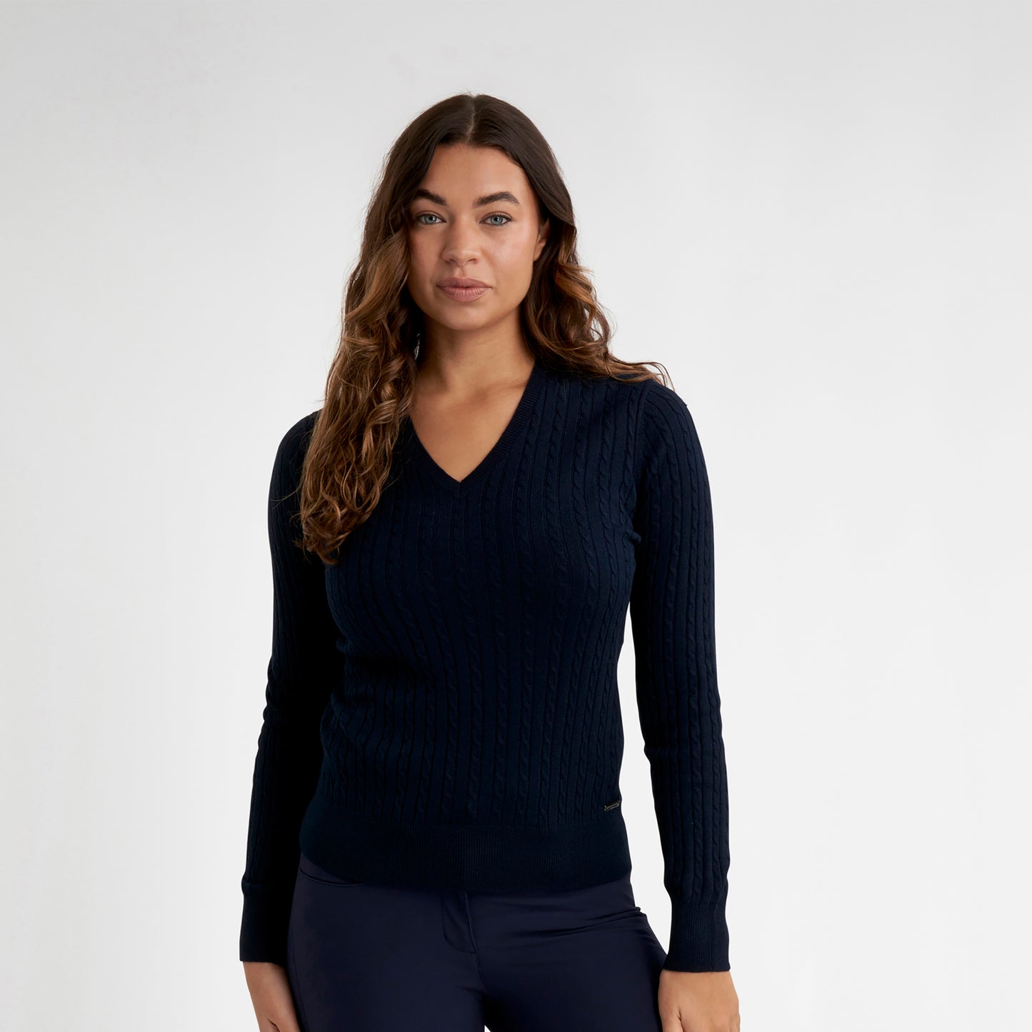 Green Lamb Ladies Cashmere Blend V-Neck Cable Knit Sweater in Navy