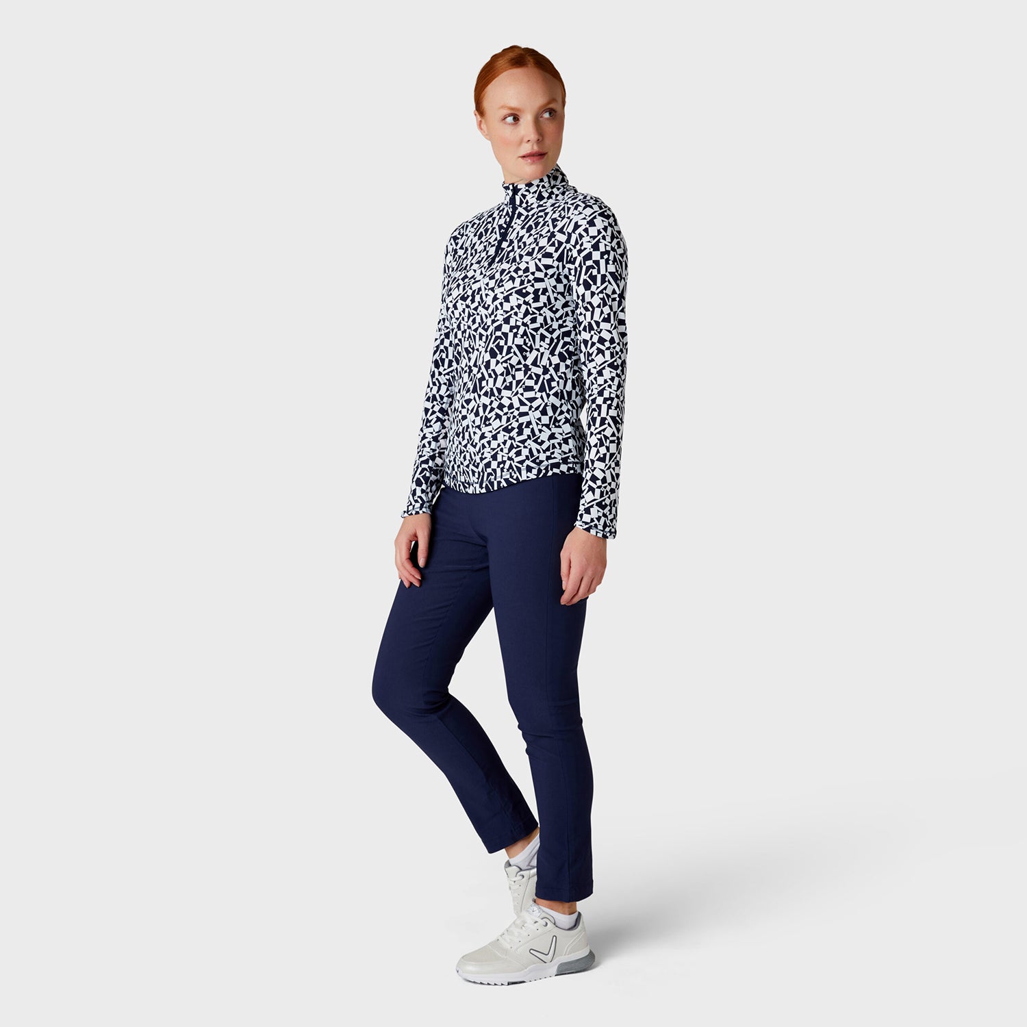 Callaway Ladies Two-Tone Geo Print Long Sleeve Top in Peacoat