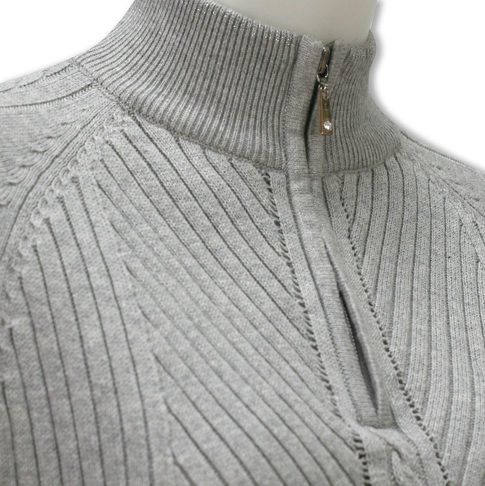 Glenmuir Ladies Rib & Cable Design Zip-Neck Sweater with Cashmere in Light Grey Marl