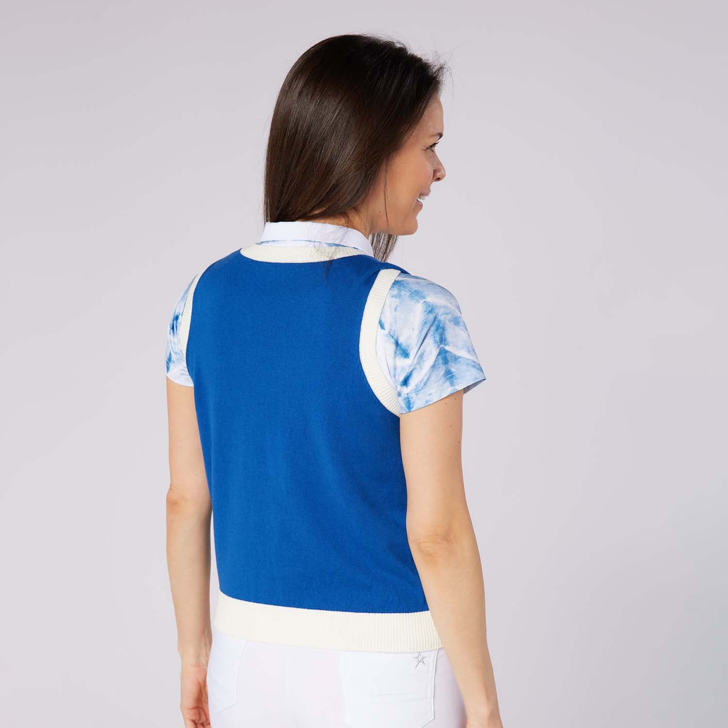 Swing Out Sister Ladies Soft Cotton Sleeveless Sweater with Head turning Colour Block Trim