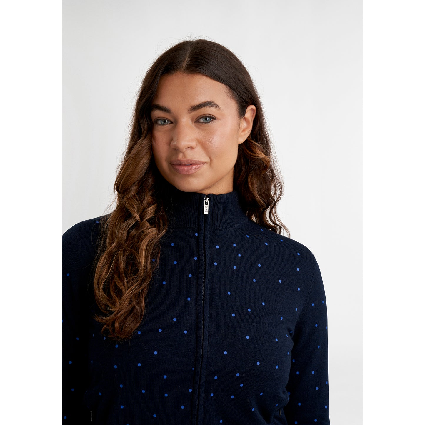 Green Lamb Ladies Full-Zip Lined Cashmere Blend Cardigan in Navy Polka Dot