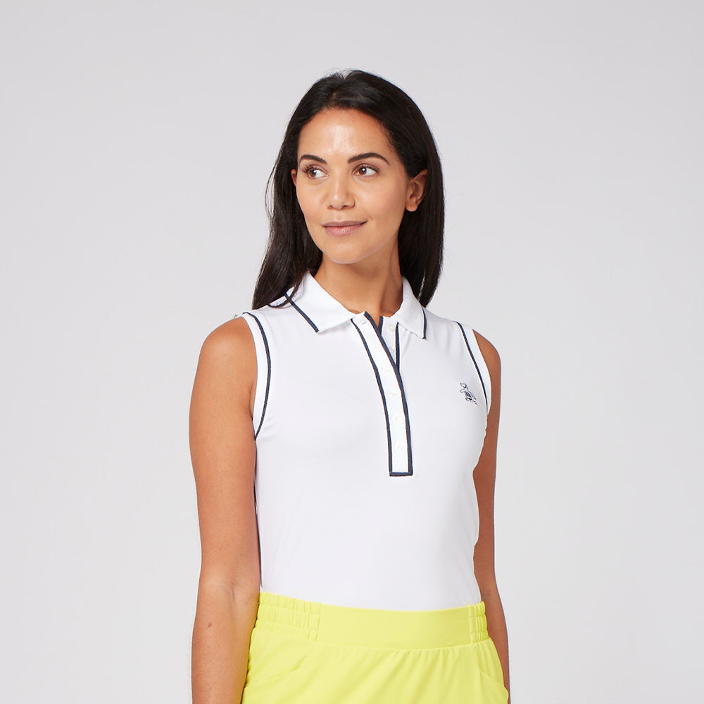 Original Penguin Ladies Piped Sleeveless Polo in Bright White - Last One Large Only Left