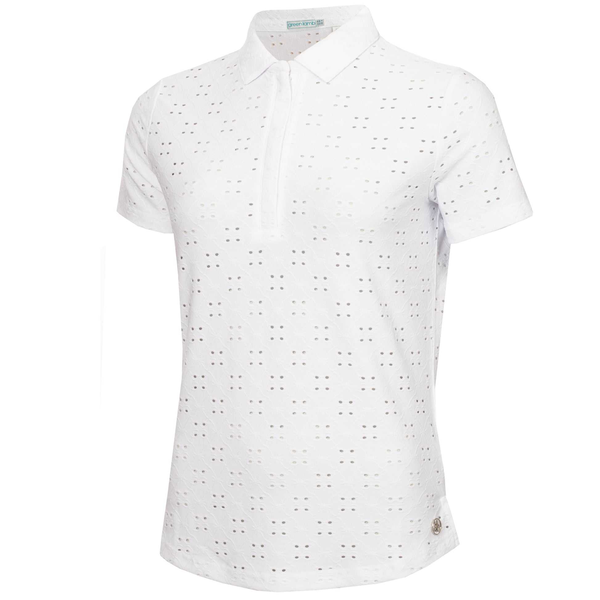 Green Lamb Women's Broderie Anglaise Pattern Polo in White
