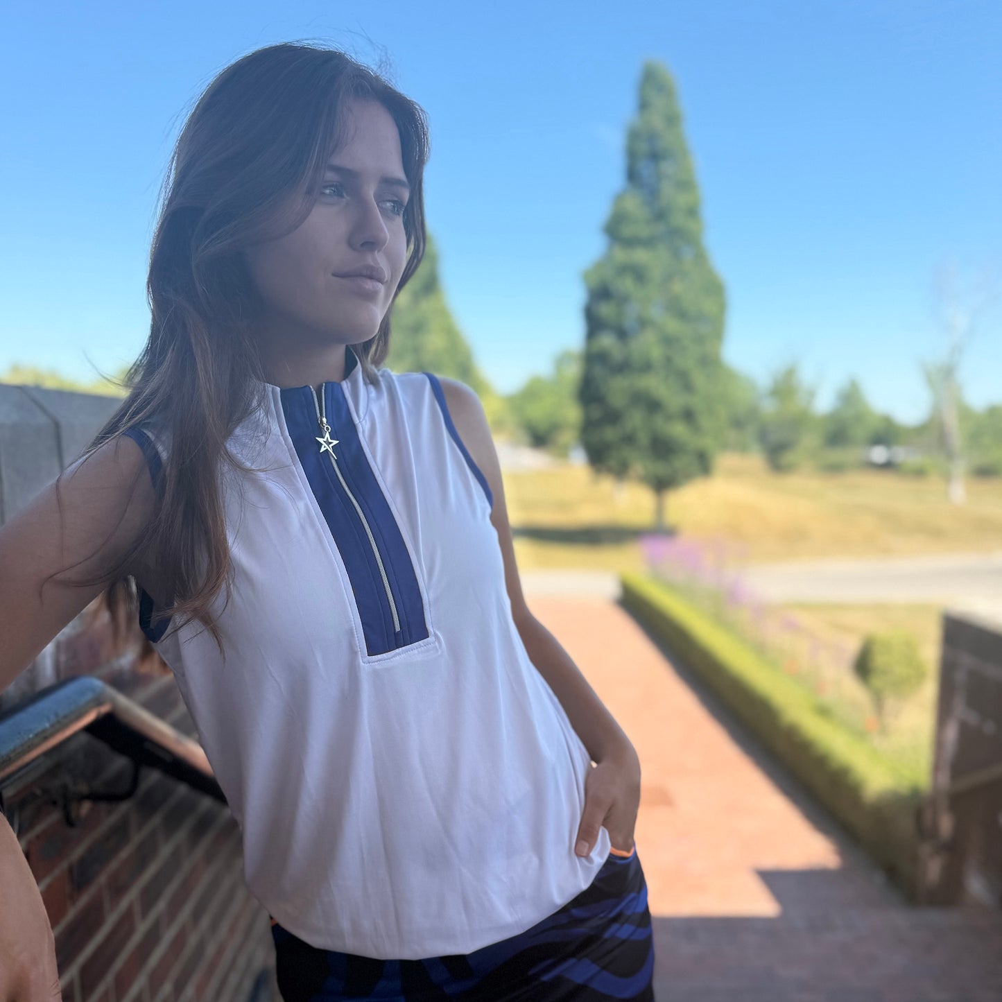 Swing Out Sister Ladies Zip-Neck Sleeveless Polo with Contrast Trim