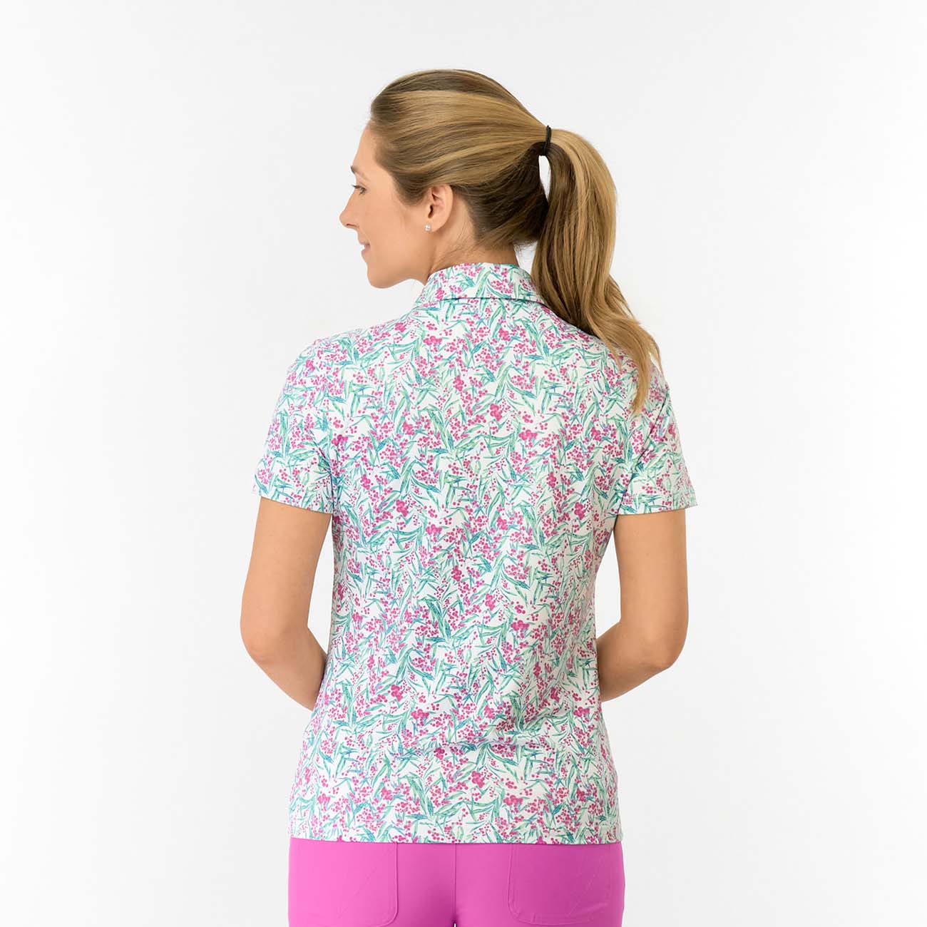Pure Golf Ladies Short Sleeve Polo in Botanical Print for Vibrant, Feminine Style