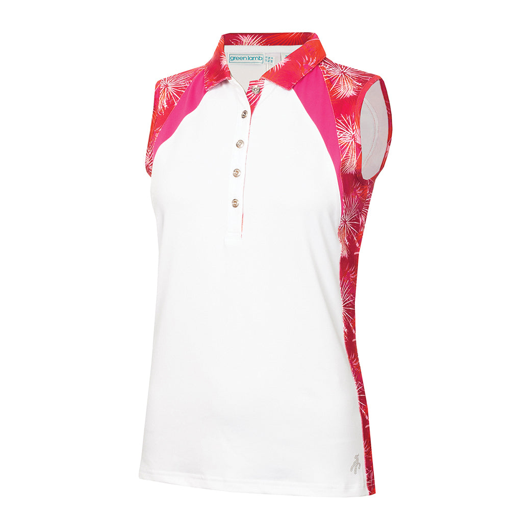 Green Lamb Ladies Sleeveless Polo with Curved Seams in White & Paradise Print