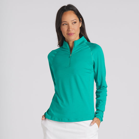 Puma Women's YOU-V 1/4 Zip Top with UPF 50+ in Sparkling Green