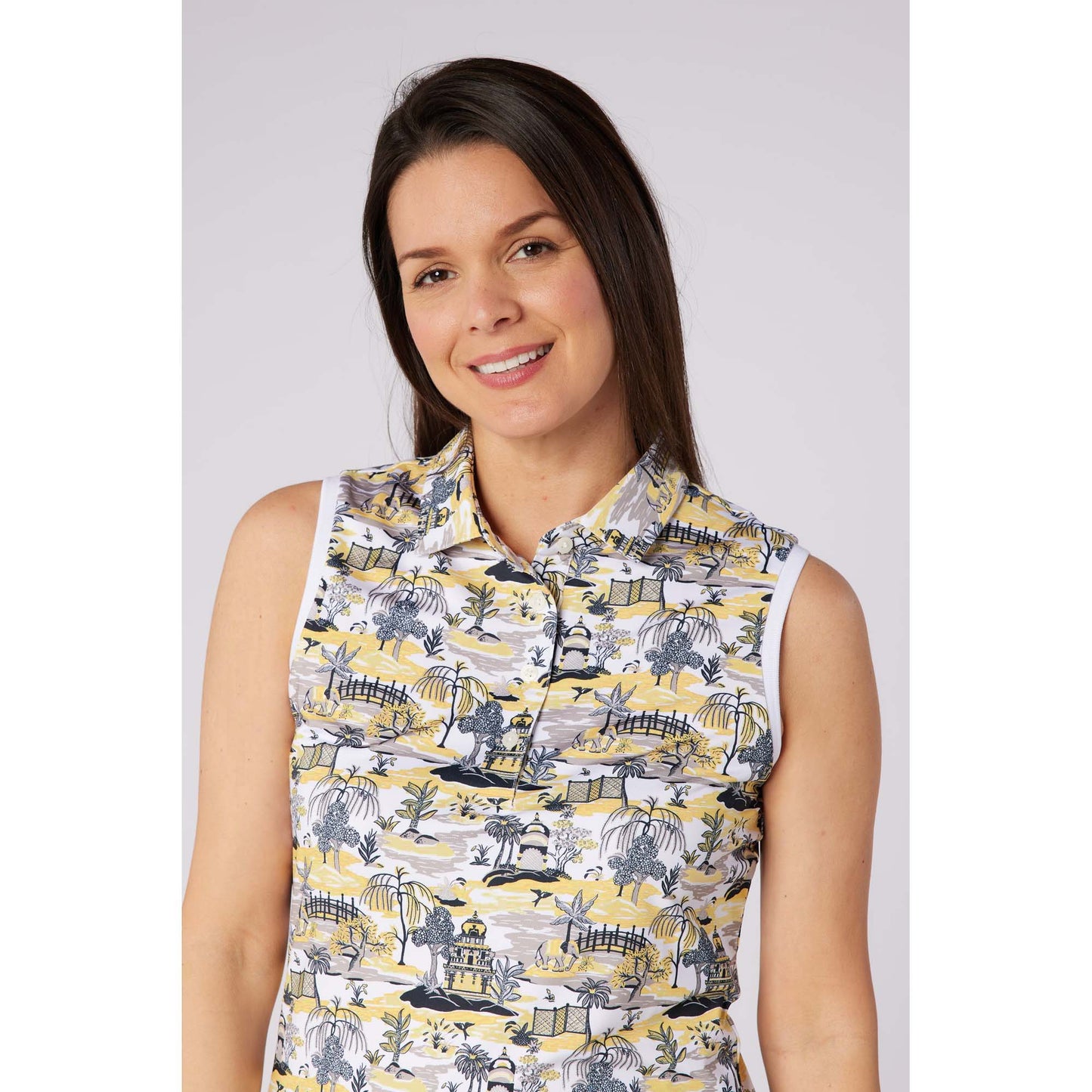 Swing Out Sister Ladies Ultra-Soft Sleeveless Polo with Head Turning Print & Stylish Contrast Trim