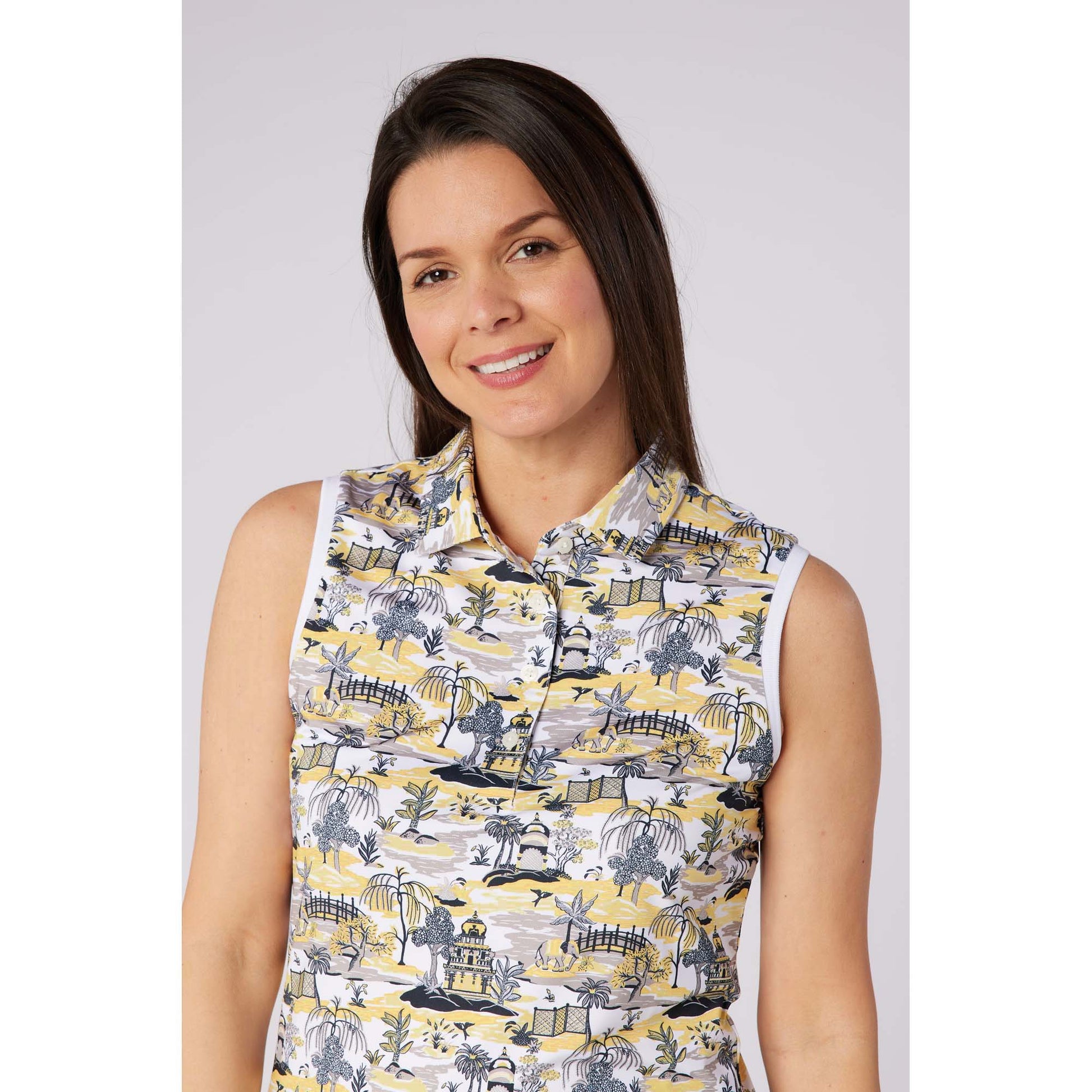 Swing Out Sister Ladies Ultra-Soft Sleeveless Polo with Head Turning Print & Stylish Contrast Trim