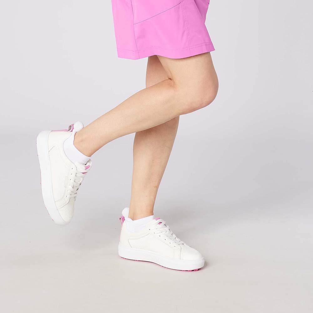 Swing Out Sister Ladies Mesh & Faux Leather Golf Shoes with Playful Pops Of Pink