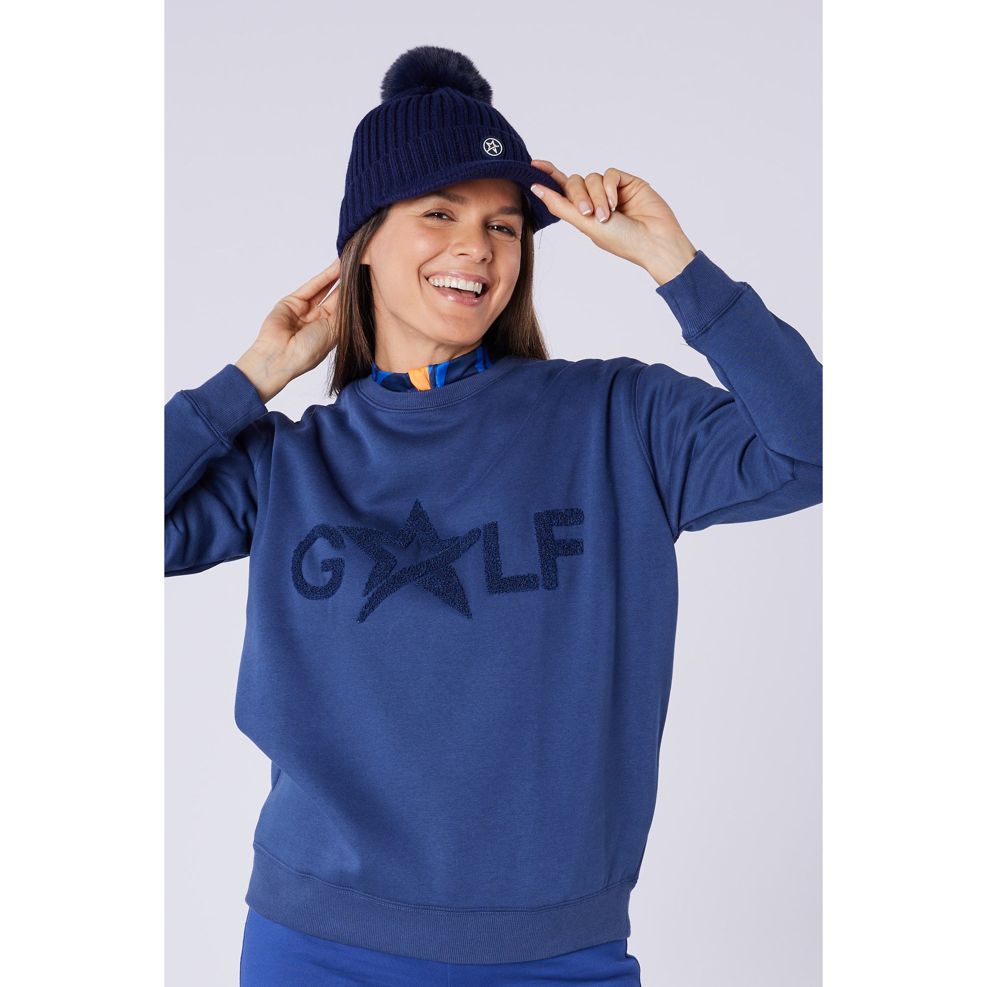 Swing Out Sister Ladies Brushed-Backed Embossed Golf Sweatshirt in Navy