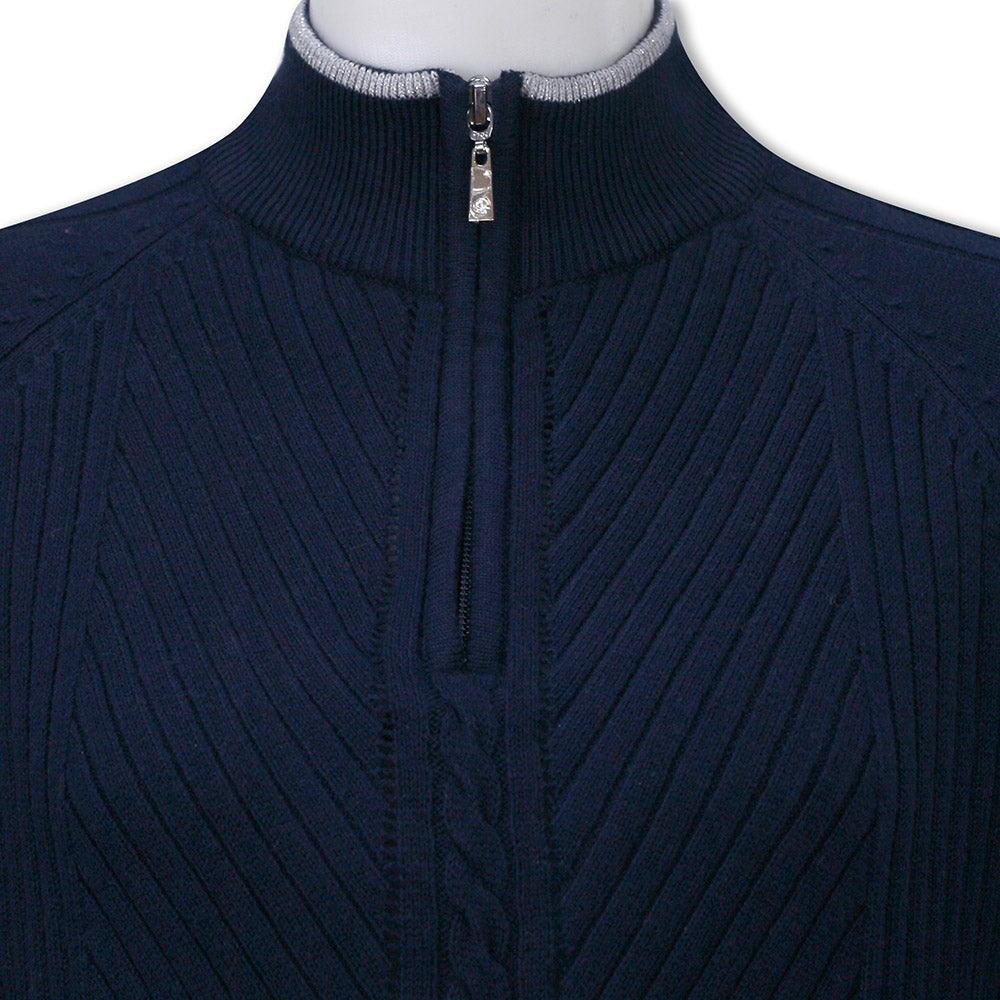 Glenmuir Ladies Rib & Cable Design Zip-Neck Sweater with Cashmere in Navy Blue