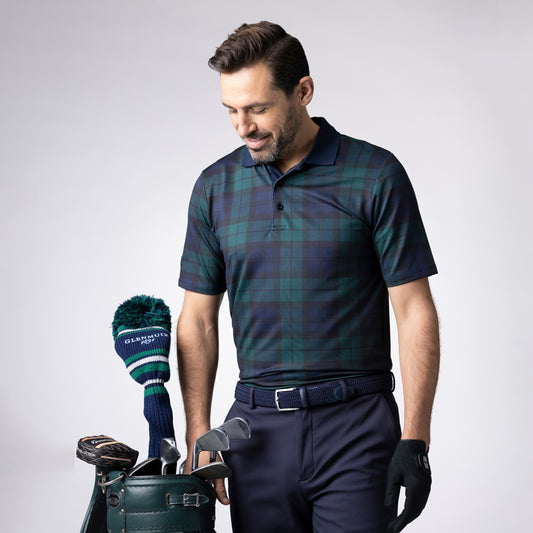 Glenmuir Mens Navy Short Sleeve Polo with Tartan Print