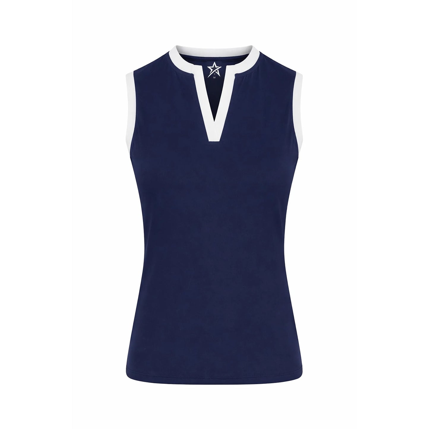 Swing Out Sister Ladies Sleeveless Polo in Navy with Neat Contrast Trim for a Polished Look