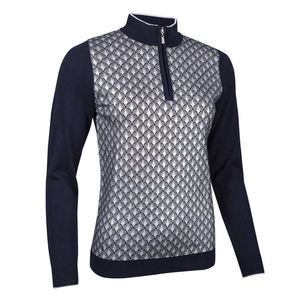 Glenmuir Ladies Etta Long Sleeve 1/4 Zip Sweater in Navy Blue with Silver Foil Fan Print