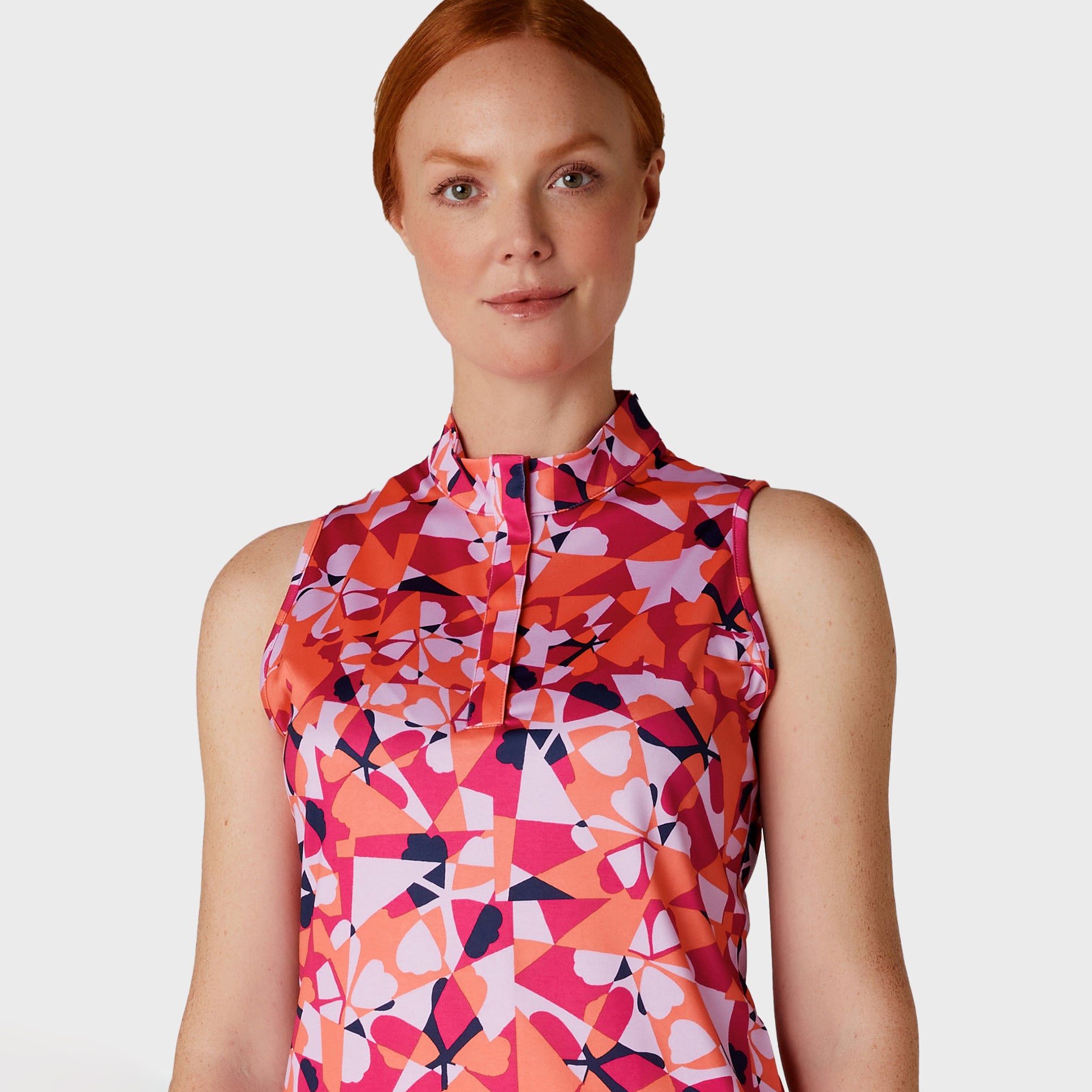 Callaway Ladies Snap Placket Sleeveless Polo in Geometric Floral Print