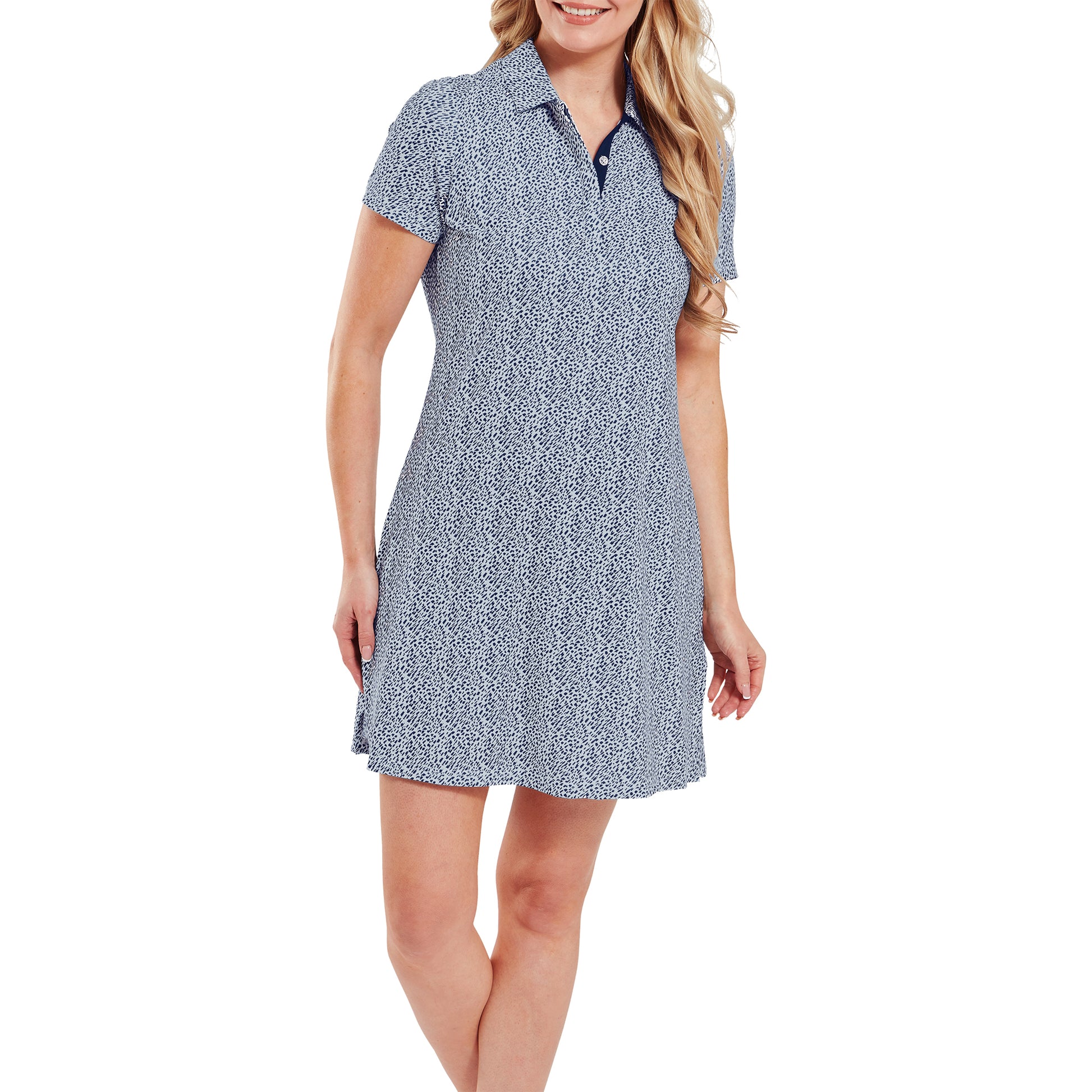 FootJoy Ladies Short Sleeve Animal Print Dress in Blue & White GolfGarb FootJoy Ladies Short Sleeve Animal Print Dress in Blue & White GolfGarb