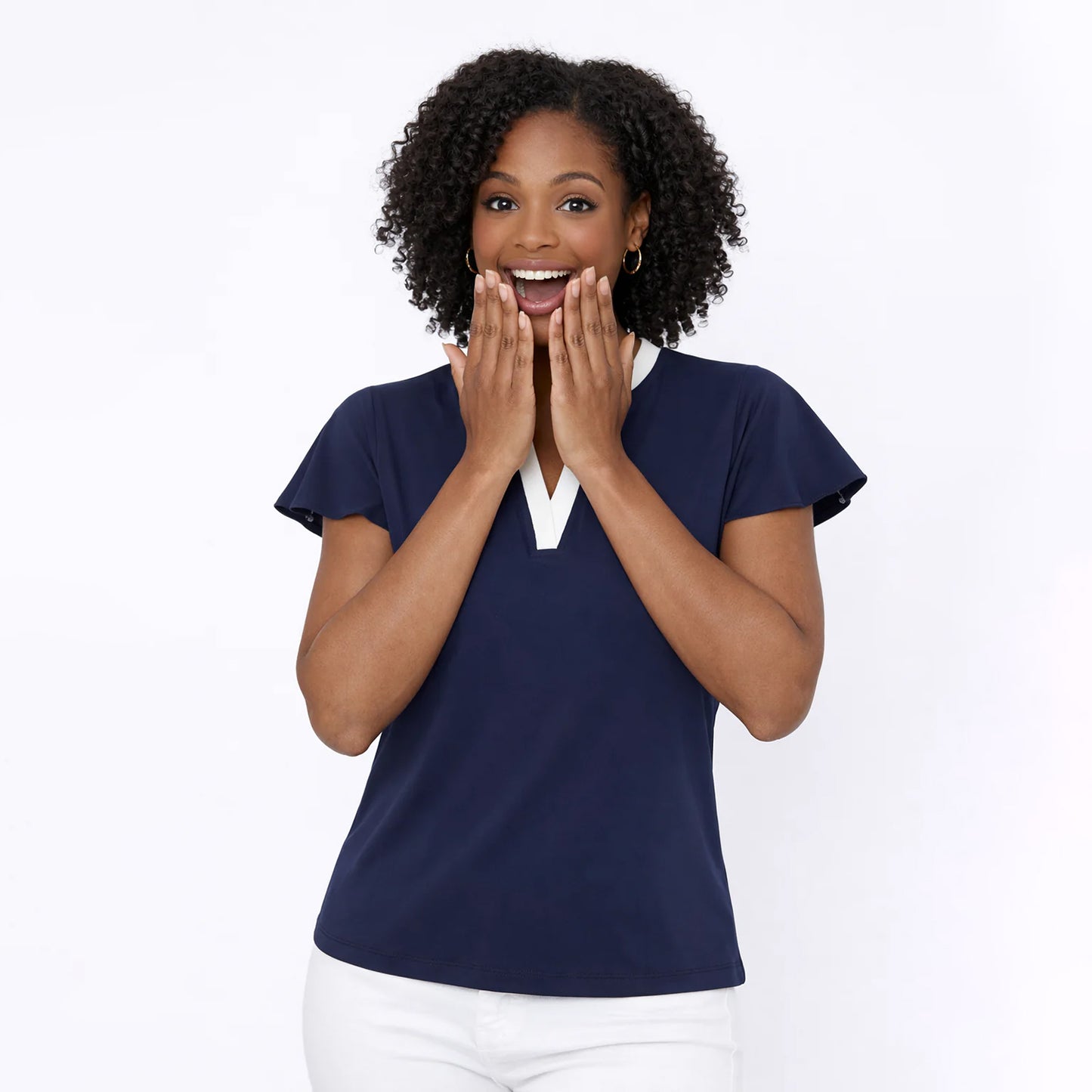Swing Out Sister Ladies Navy V-Neck Polo with Fabulous Floaty Sleeves for a Feminine Edge