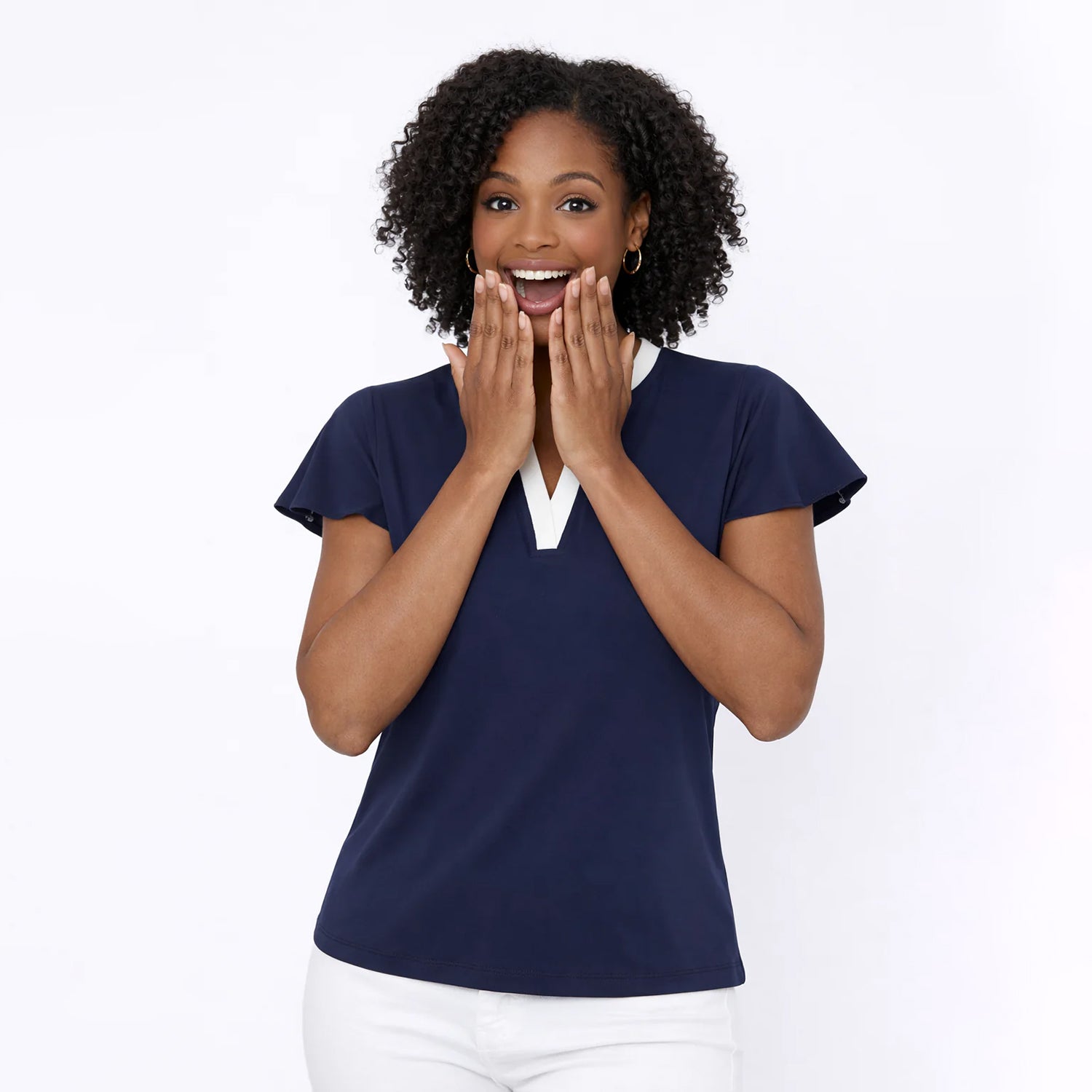 Swing Out Sister Ladies Navy V-Neck Polo with Fabulous Floaty Sleeves for a Feminine Edge
