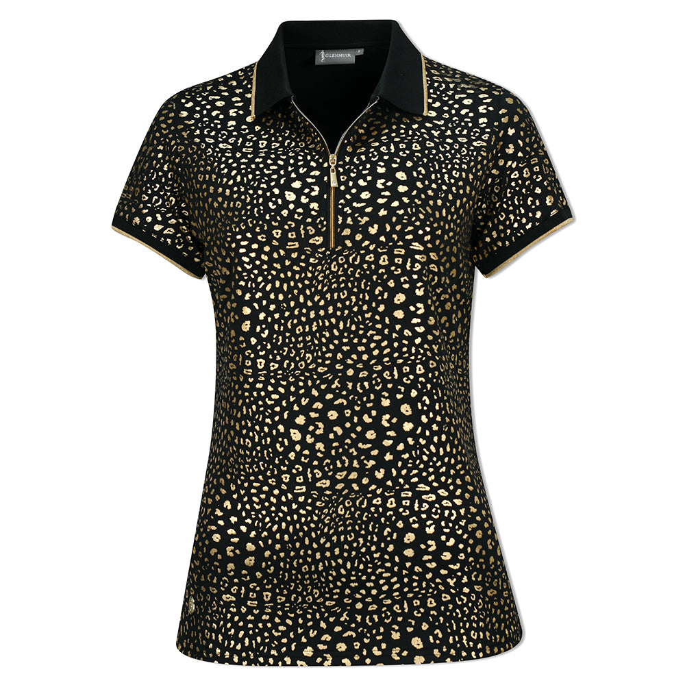 Glenmuir Short Sleeve Polo with SPF50 in Black & Gold Animal Print