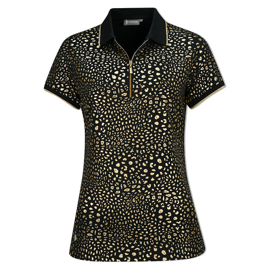 Glenmuir Short Sleeve Polo with SPF50 in Black & Gold Animal Print - Last One Small Only Left