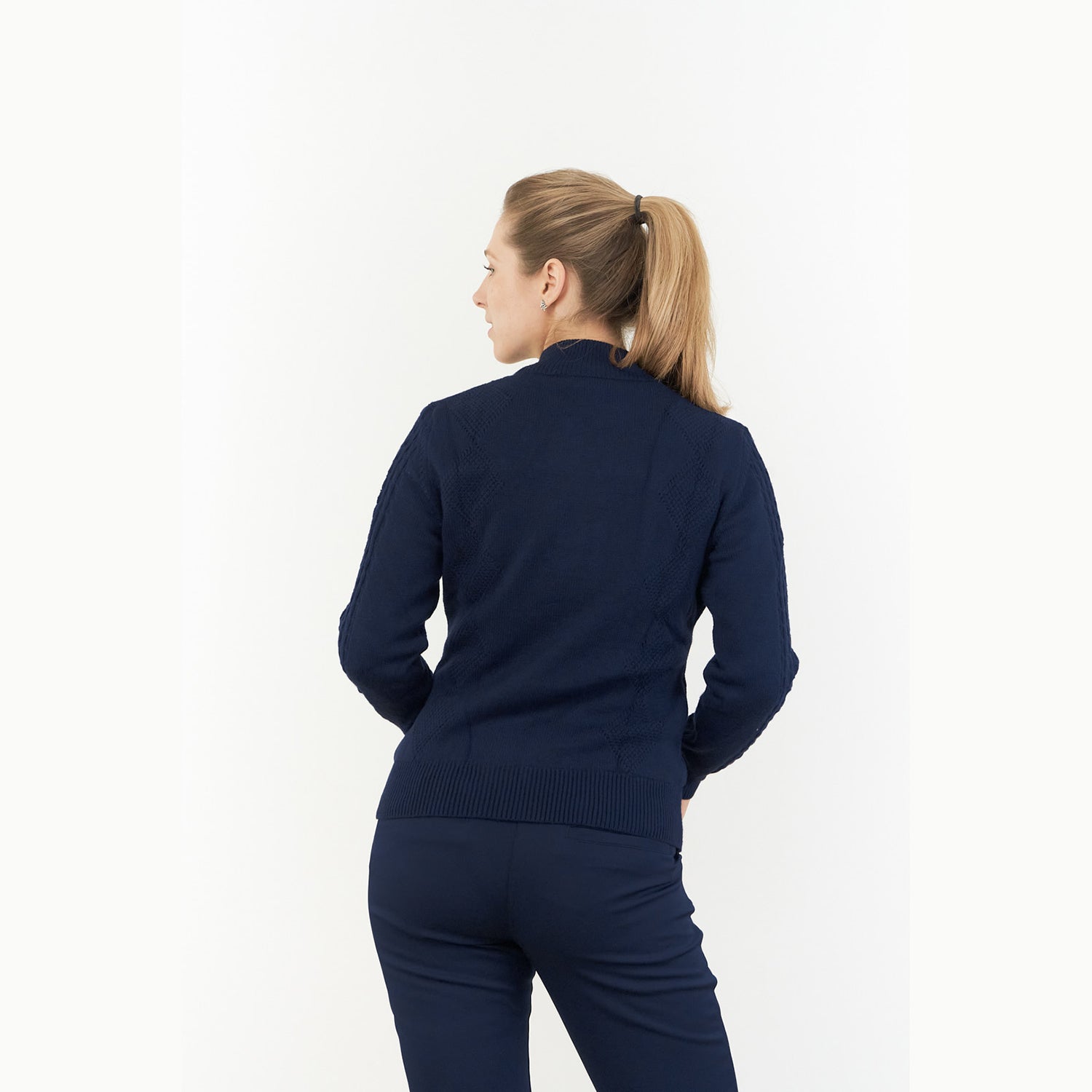 Pure Ladies Cable Knit Lined Quarter Zip Sweater in Navy