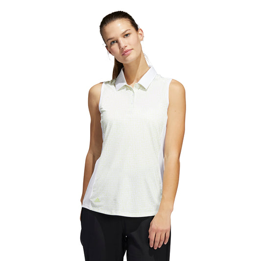 adidas Ladies Ultimate365 Sleeveless Golf Polo in White & Lime Print