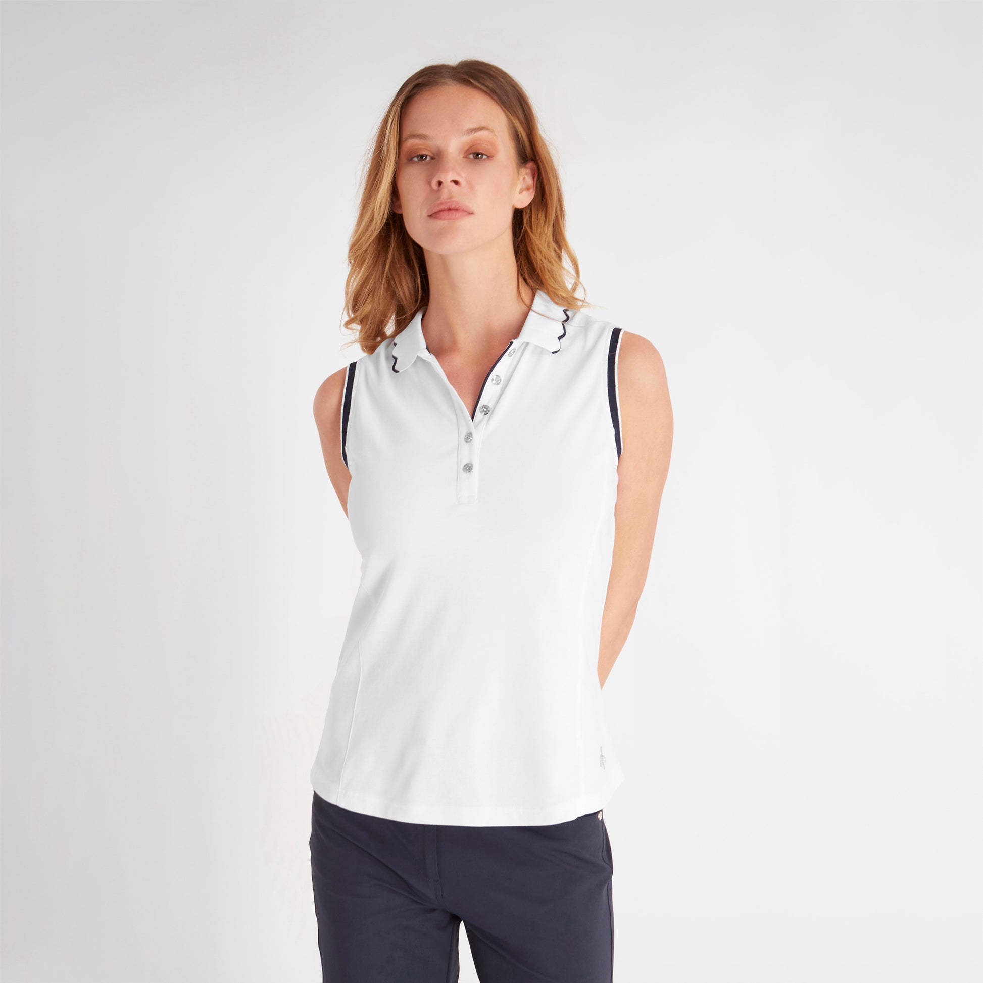 Green Lamb Ladies Sleeveless Polo with Scalloped Collar in White & Navy