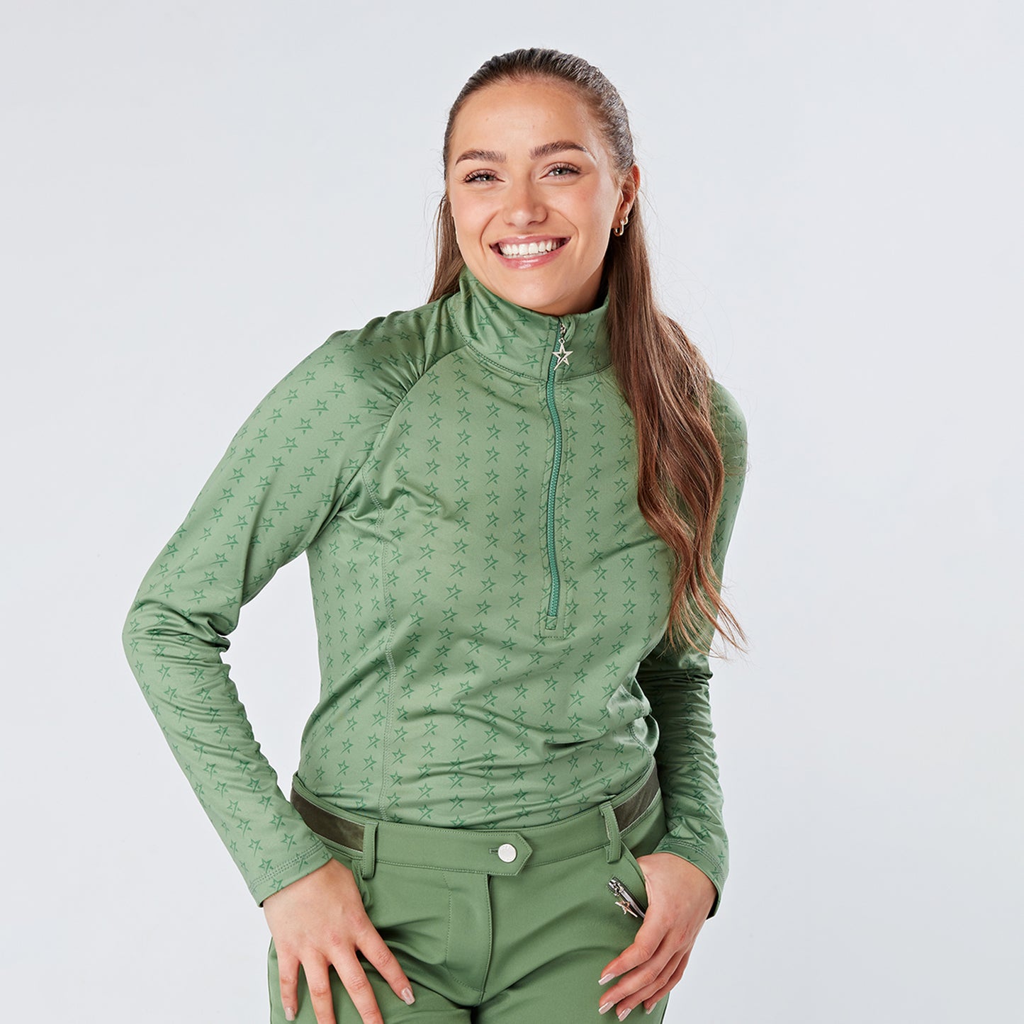 Swing Out Sister Ladies Magic Stars Zip-Neck Midlayer Top in Sage Magic Stars