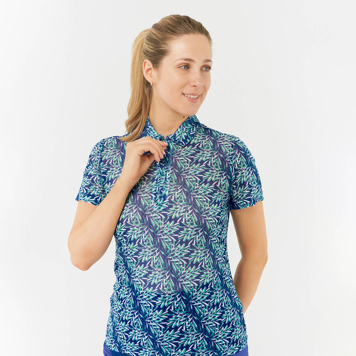 Pure Golf Ladies Short Sleeve Mesh Polo in Palm Print Design