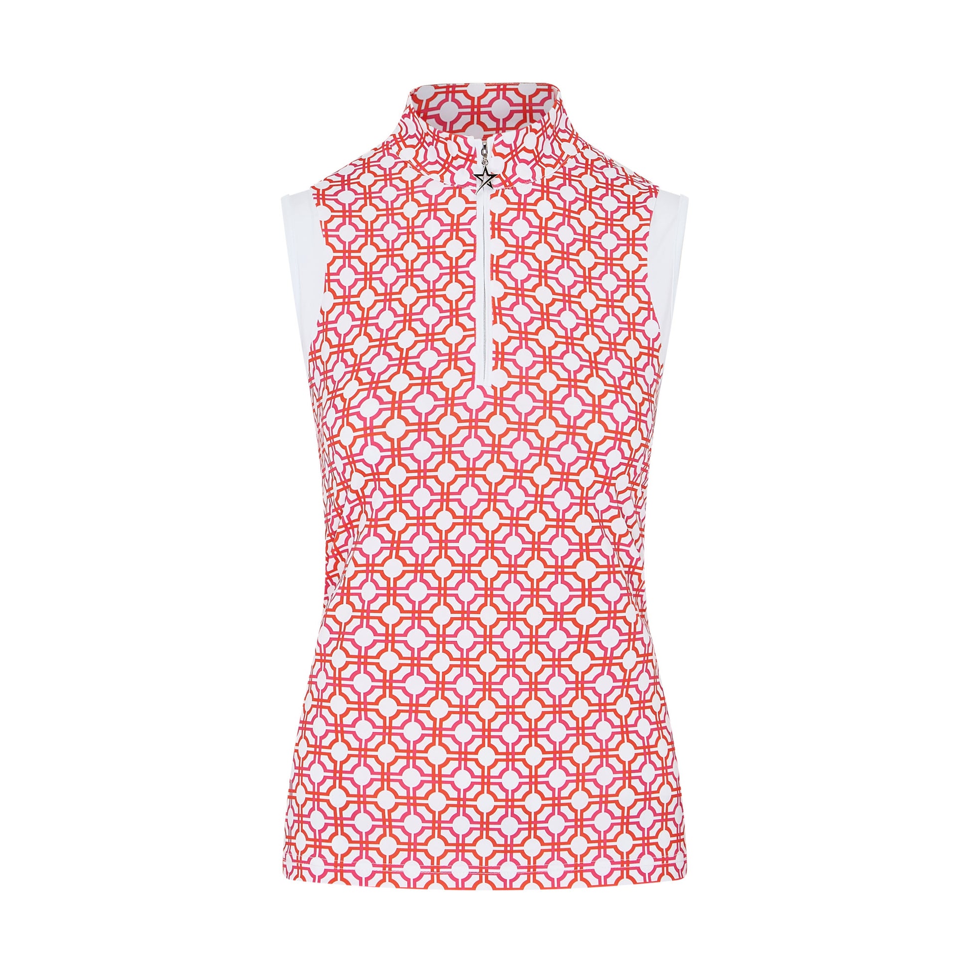 Swing Out Sister Sleeveless Zip-Neck Polo in Lush Pink and Mandarin Mosaic Print