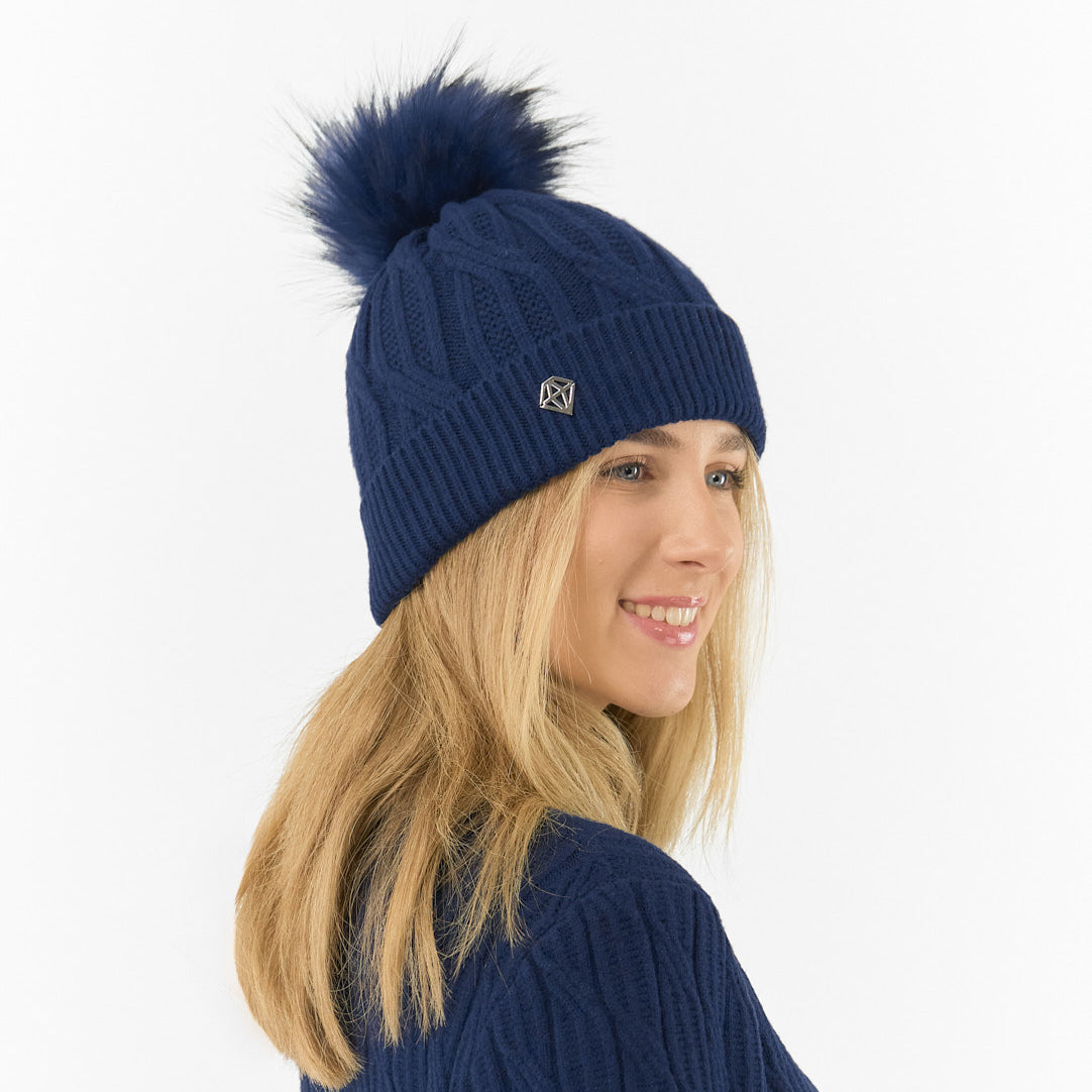 Pure Golf Ladies Lined Waterproof Bobble Hat with Cable Knit Design in Navy