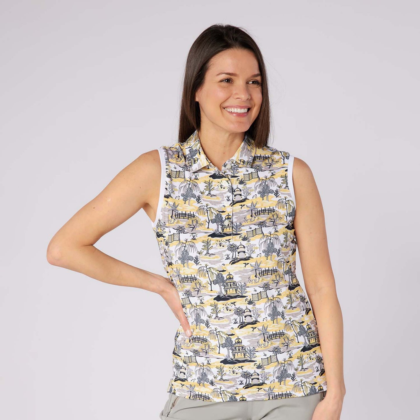 Swing Out Sister Ladies Ultra-Soft Sleeveless Polo with Head Turning Print & Stylish Contrast Trim