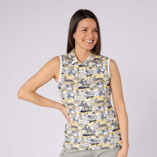 Swing Out Sister Ladies Ultra-Soft Sleeveless Polo with Head Turning Print & Stylish Contrast Trim