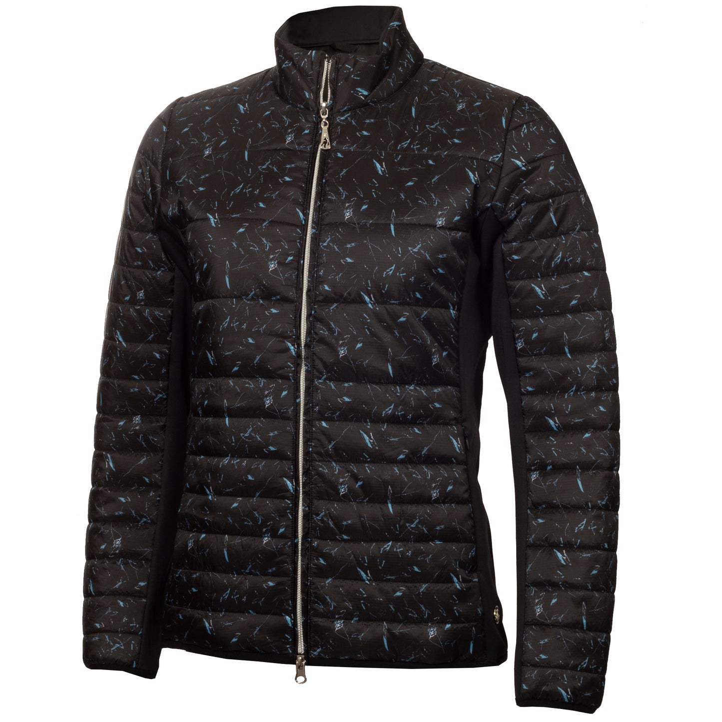 Green Lamb Ladies Quilted Jacket with Stretch Panels in Black Leaf Print